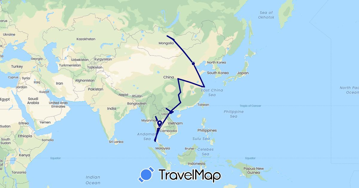 TravelMap itinerary: driving in China, Mongolia, Thailand, Vietnam (Asia)